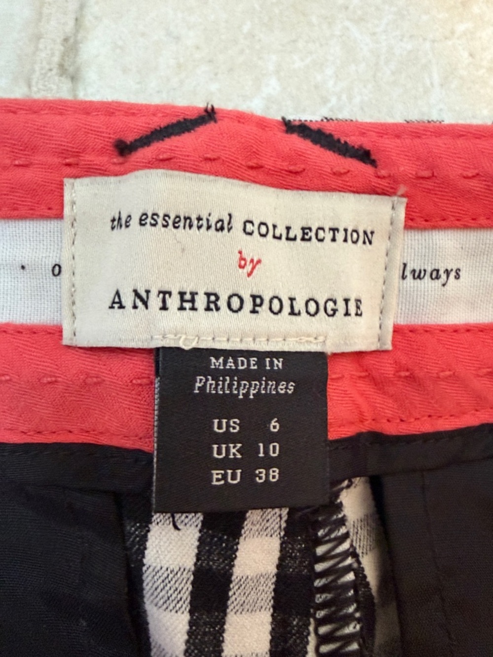 Anthropologie Black & White Gingham Chinos with Coral Trim - Picture 3 of 5